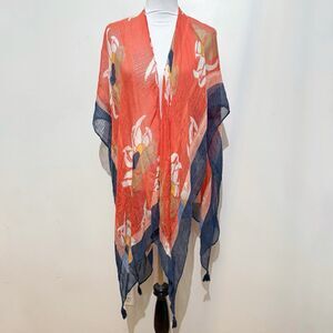 Steinmart Hayden Coral Floral Print Crochet Tassel Fringe Kimono Scarf Wrap OS